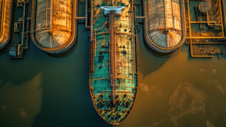 Beautiful aerial view showcasing an abandoned cargo ship surrounded by industrial storage tanks, reflecting the colors of dusk on the water's surface.の素材