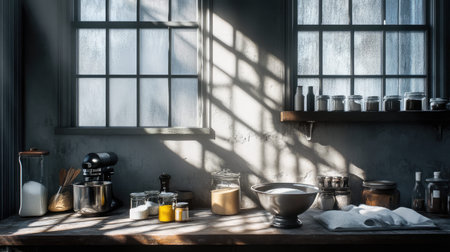 This image showcases a cozy kitchen filled with natural light, highlighting a wooden table adorned with cooking utensils, jars of ingredients, and a mixing bowl, creating an inviting atmosphere for culinary creativity.の素材