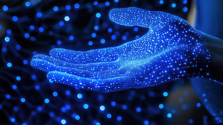 A striking image of a futuristic blue hand composed of glowing particles against a dark background, symbolizing technology, innovation, and digital interaction.の素材