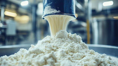 Flour cascades from a metal container into a large pile on a clean surface, showcasing the milling process in a bustling bakery environment.の素材