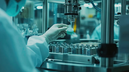 A laboratory technician in a white coat carefully transfers liquids using advanced laboratory equipment, showcasing precision and innovation in scientific research.の素材
