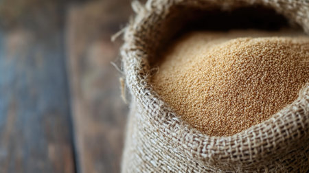 This image showcases a burlap sack filled with fine granules of natural brown amaranth grain, offering a rustic touch ideal for food-related projects.の素材