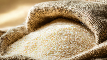 This image captures a close-up view of raw millet grain spilling from a rustic burlap bag, symbolizing healthy cooking and organic food choices.の素材