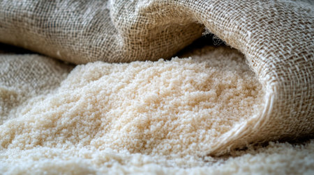 Captivating close-up of a rustic burlap sack spilling raw white rice. The fine grain texture reflects natural simplicity and wholesome cooking. Perfect for food-related themes.の素材