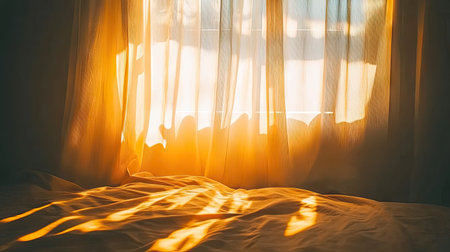 A tranquil scene of soft morning light filtering through sheer curtains, casting gentle shadows on a cozy bed, creating a warm and inviting atmosphere.の素材
