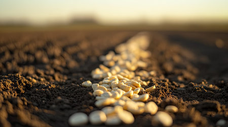 Close-up view of seeds scattered on freshly prepared soil, illuminated by soft golden light, showcasing the beauty of agricultural practices and nature's bounty.の素材