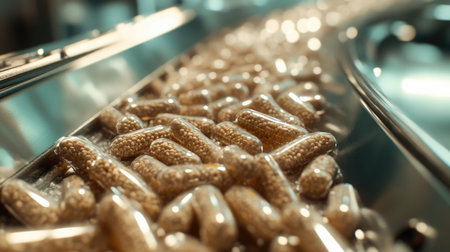 A detailed view of herbal capsules flowing on a conveyor belt in a pharmaceutical factory, highlighting the manufacturing process in a modern facility.の素材