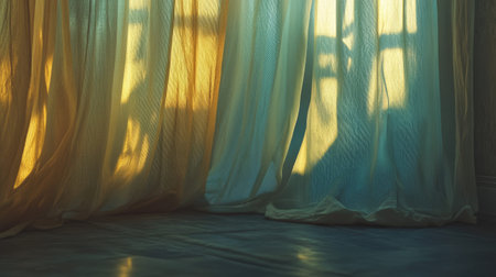 Beautiful soft morning light filters through sheer curtains, casting gentle shadows on the floor, creating a warm and cozy atmosphere in the room.の素材
