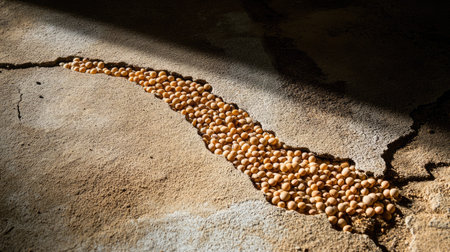 Light brown stones are scattered over a cracked concrete floor, illuminated by dramatic sunlight. This captivating scene highlights natural textures and shadows.の素材