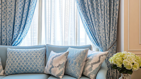 This image showcases an elegant living room featuring a blue upholstered sofa adorned with decorative pillows, paired with beautiful floral curtains that enhance the light-filled space.の素材
