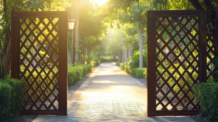 A serene garden gate stands open to reveal a beautifully paved pathway surrounded by lush greenery and dappled sunlight, inviting relaxation.の素材