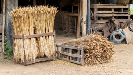 This image captures bundles of dried grasses neatly stored in wooden crates, showcasing the essence of rustic farming life in a serene outdoor environment.の素材