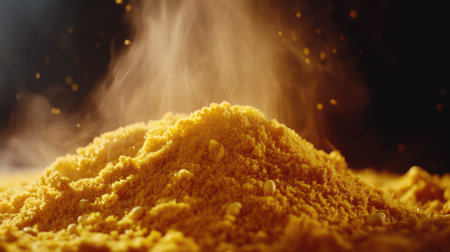 A captivating close-up of fine yellow powder rising with steam against a dark backdrop, highlighting its vibrant texture and culinary potential.の素材