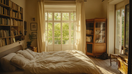 A beautifully designed bedroom featuring abundant natural light streaming through large windows, inviting a tranquil atmosphere with cozy wooden furniture.の素材