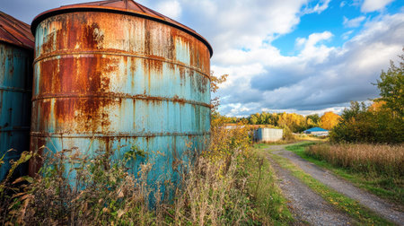 This image showcases rusty blue storage tanks nestled in greenery, set against a dramatic sky filled with clouds, presenting a serene autumn scene.の素材
