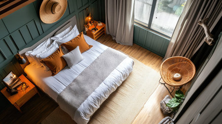 A cozy modern bedroom featuring natural light, stylish decor, and warm textures. Perfect for creating a serene atmosphere for relaxation and inspiration.の素材