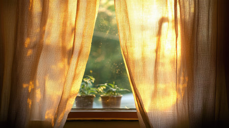 A tranquil scene showcasing warm sunlight gently filtering through sheer curtains, illuminating vibrant indoor plants placed by a cozy window.の素材
