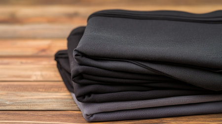 This image features neatly folded black athletic apparel stacked on a natural wooden surface, showcasing simplicity and style for fitness enthusiasts.の素材