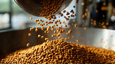 A dynamic scene showcasing the action of pouring dry food pellets into a large industrial bowl, emphasizing nutrition and food production.の素材