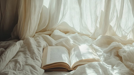 A serene morning scene featuring an open book resting on a cozy bed, illuminated by soft sunlight filtering through elegant white curtains.の素材