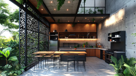 Explore a stunning open-concept kitchen featuring natural light and greenery. This modern space showcases elegant design elements, perfect for cooking and dining.の素材