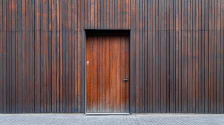 A minimalist wooden wall featuring a sleek door showcases modern architecture and urban design elements, perfect for contemporary settings.の素材