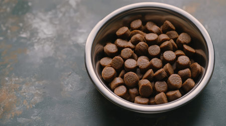 This image showcases a close-up view of dry pet food kibble in a shiny metal bowl, perfect for illustrating pet nutrition and feeding practices.の素材