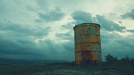 A solitary weathered yellow metal tank stands against a backdrop of dramatic stormy clouds. The atmosphere conveys a sense of isolation and nostalgia in a rural landscape.の素材