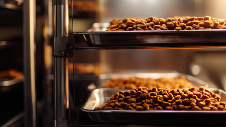 This image captures the baking process of high-quality pet food in an industrial kitchen, showcasing metal racks filled with neatly arranged trays of kibble.の素材