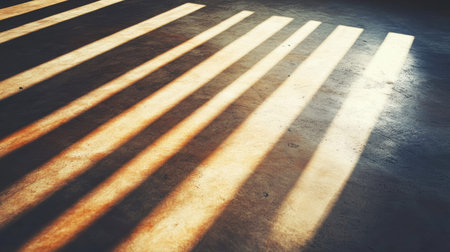 This image captures the essence of a minimalist interior, highlighting how warm sunlight creates long shadows that interplay with texture.の素材