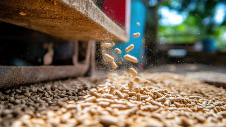 This close-up image captures wood pellets falling from a machine, highlighting the production process of sustainable feed and energy resources.の素材