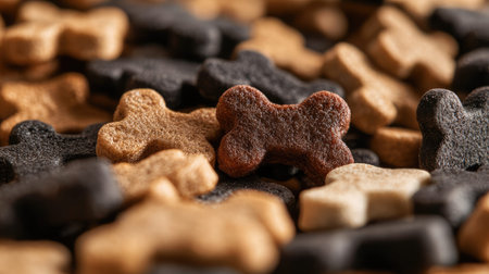 A vibrant close-up image showcasing a variety of dog treats in different colors and shapes, ideal for pet-themed projects, advertisements, or blogs.の素材