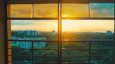 A breathtaking sunset view seen through a window, framed by horizontal blinds. The scene captures the glowing horizon over an urban landscape, showcasing a blend of nature and architecture.の素材