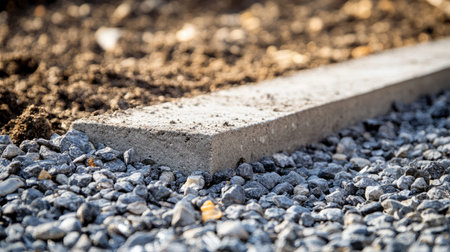 Detailed close-up image showcasing a concrete curb edging resting on a gravel surface, ideal for outdoor landscape preparation and garden design projects.の素材