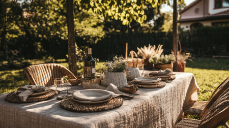 A charming outdoor dining table set for a delightful meal, featuring elegant decor, a wine bottle, and a serene garden backdrop illuminated by soft sunlight.の素材
