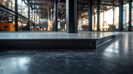 A stunning view of an industrial interior showcasing a smooth floor and steel framework. Natural light filters through, enhancing the modern aesthetic and creating striking reflections.の素材