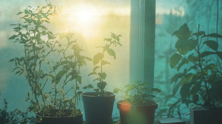 Soft sunlight filters through sheer curtains, highlighting lush indoor plants in pots. A calming ambiance enhances home beauty and tranquility.の素材
