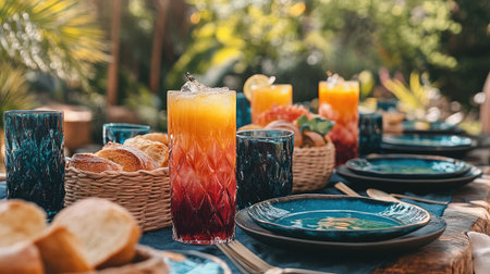 A beautiful garden table set with colorful cocktails and fresh breads, inviting guests to enjoy a delightful outdoor dining experience.の素材
