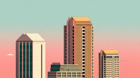 Vibrant modern city skyline illustration showcases towering buildings against a colorful sunset, providing a blend of artistic design and urban essence.の素材