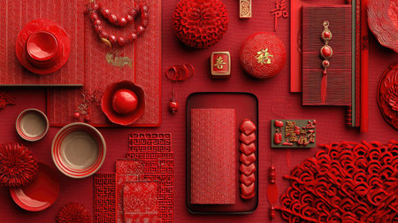 A captivating arrangement of vibrant red decor elements perfect for cultural celebrations. The composition features intricate patterns and textures, embodying joy and prosperity. Ideal for festive occasions and artistic designs.の素材