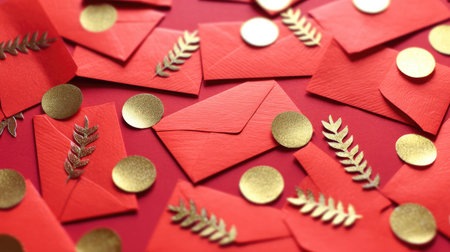 A vibrant flat lay of small red envelopes adorned with gold circles and leaves, creating a cheerful and artistic atmosphere perfect for celebrations.の素材