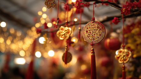 Beautiful decorative ornaments featuring Chinese characters and vibrant red tassels create a festive atmosphere, perfect for celebrations and traditions.の素材