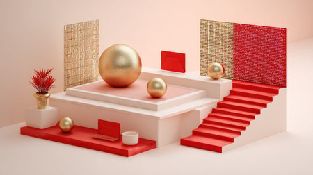 A modern minimalist display featuring geometric shapes and bold colors, perfect for creative projects, advertising, or artistic presentations in a stylish setting.の素材