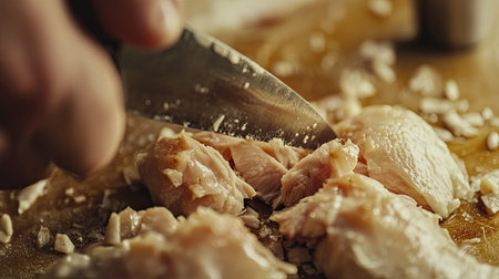 A detailed close-up of a chef's hands slicing juicy chicken breast on a cutting board, surrounded by freshly chopped garlic, highlighting culinary skill.の素材