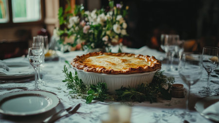 A beautifully arranged dining setting featuring a delicious pie at the center, adorned with fresh flowers. Perfect for gatherings and special occasions.の素材