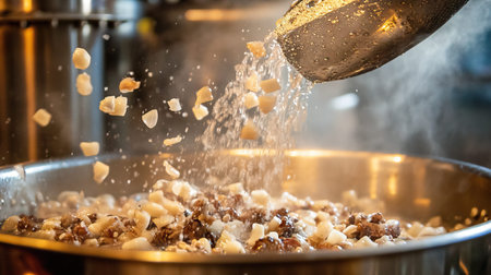 Capturing the dynamic essence of cooking, this image showcases the action of scattering ingredients into a pan, creating a flavorful dish in a bright kitchen.の素材