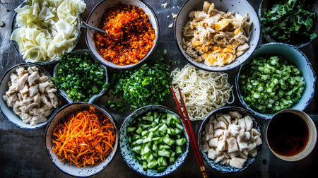 This image showcases an array of fresh ingredients beautifully arranged in bowls, perfect for preparing delicious Asian dishes. The vibrant colors and varied textures create an appealing visual feast, inviting culinary creativity.の素材