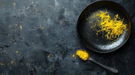 A striking image featuring vibrant yellow citrus zest displayed on a black plate beside a spoon, set against a rich dark textured backdrop. Perfect for culinary and food styling needs.の素材