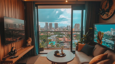 A modern living room featuring stylish furniture and a stunning city view. Natural light floods in through large windows, creating a welcoming ambiance.の素材