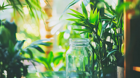 A beautiful glass jar sits gracefully among vibrant green plants, creating a bright, tranquil atmosphere in an indoor garden. Ideal for nature lovers.の素材